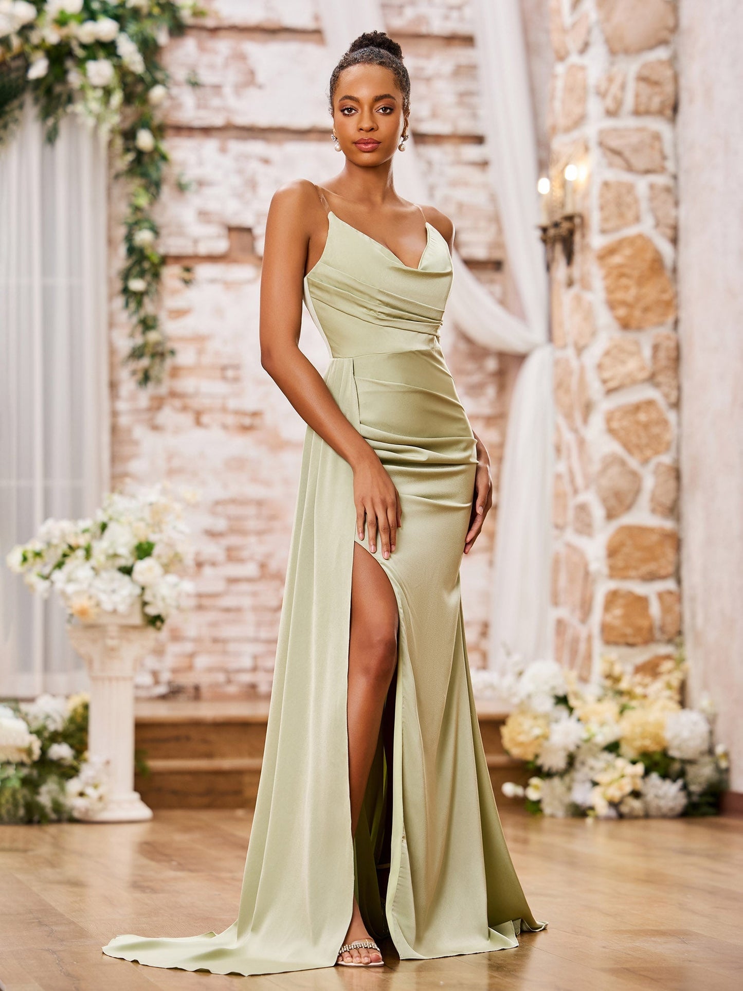 Sheath Spaghetti Straps Soft Satin Sexy Dresses with Slit Dusty Sage