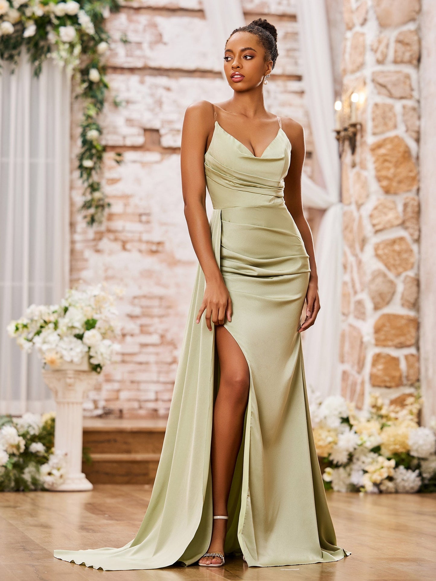 Sheath Spaghetti Straps Soft Satin Sexy Dresses with Slit Dusty Sage