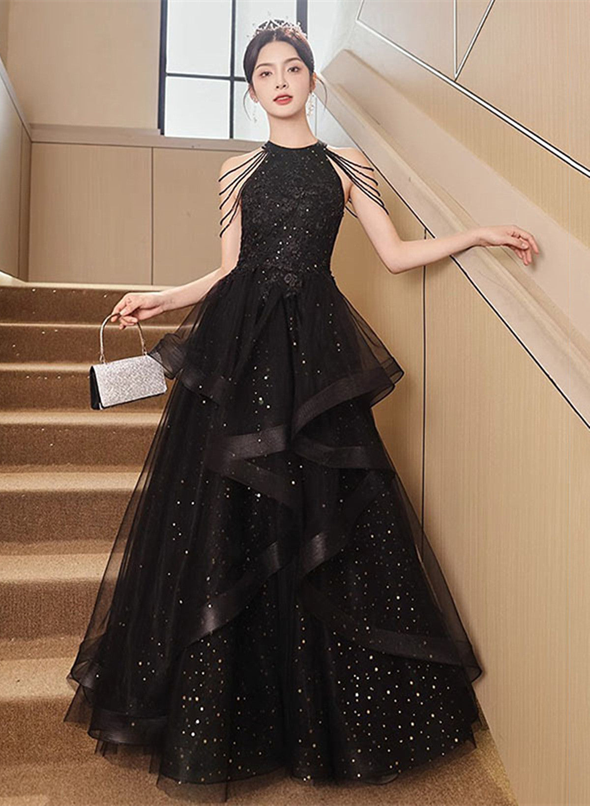 Pretty Black Tulle and Beaded Halter Formal Dress, A-line Black Prom Dress