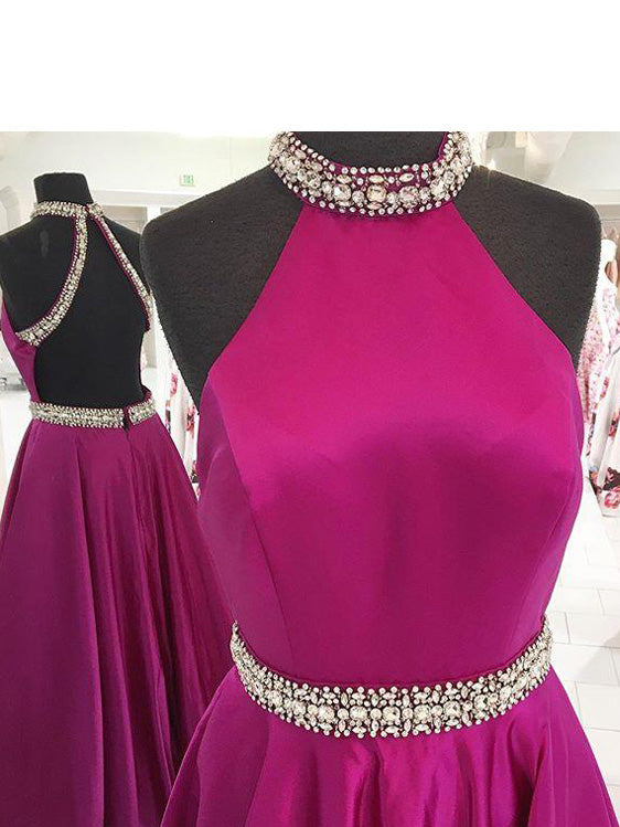 Popular Satin Jewel Neckline Backless Sweep Train A-line Prom Dresses With Rhinestones