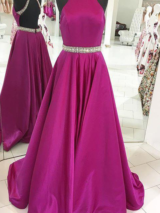 Popular Satin Jewel Neckline Backless Sweep Train A-line Prom Dresses With Rhinestones