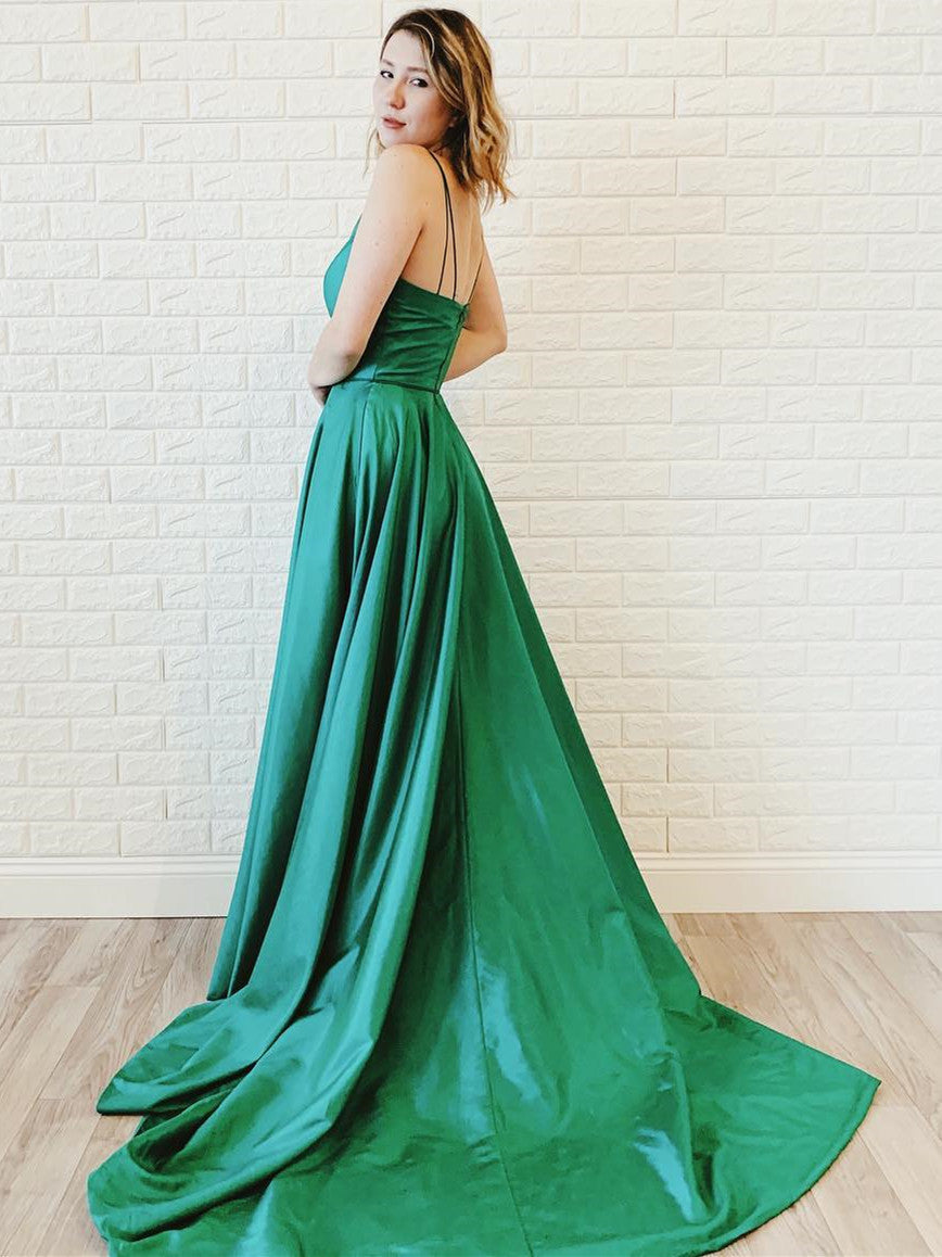 Simple Satin Spaghetti Straps A-line Prom Gowns With Slit
