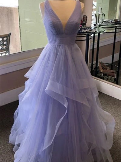 Simple V-neck Tulle Prom Dresses Open Back A-line Gowns