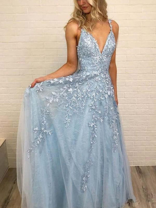 Spaghetti Straps A-line Prom Dresses Tulle Appliqued Gowns