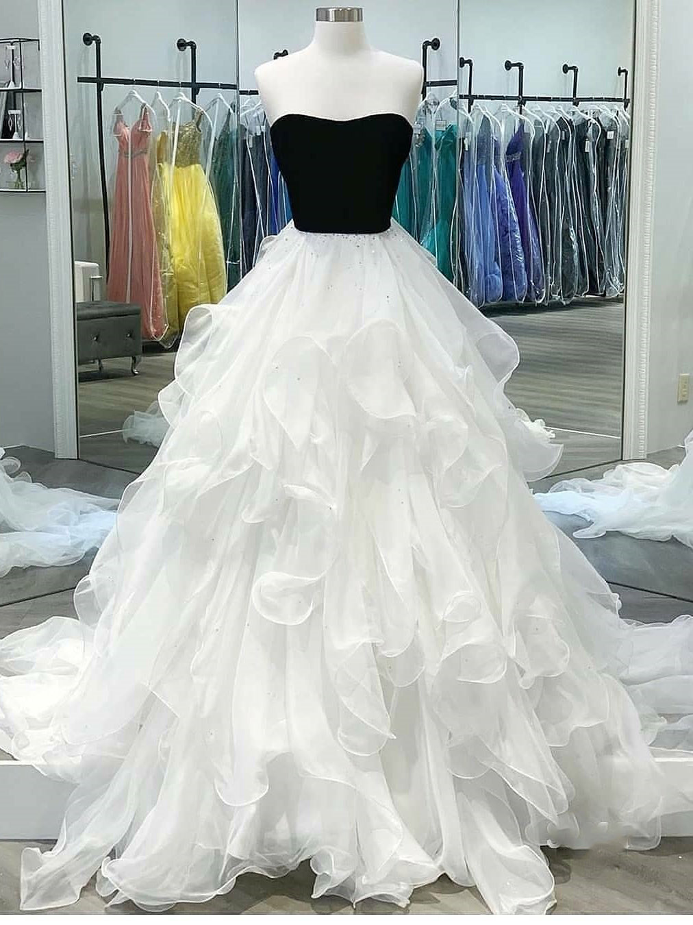 Shining Long Tiered Tulle Strapless Neckline A-line Prom Dresses PD534