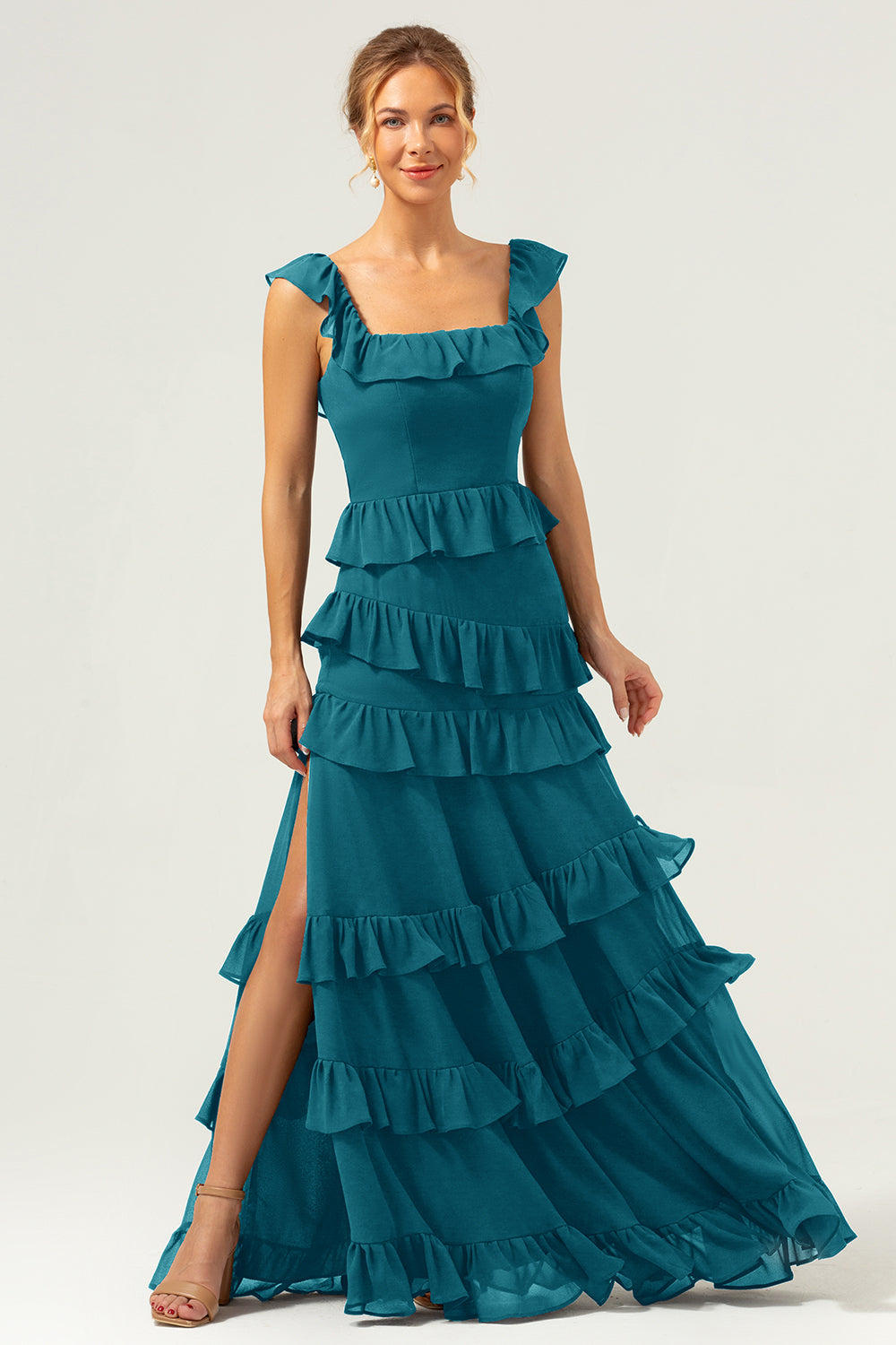 Burgundy A-Line Ruffleed Chiffon Long Bridesmaid Dress with Slit