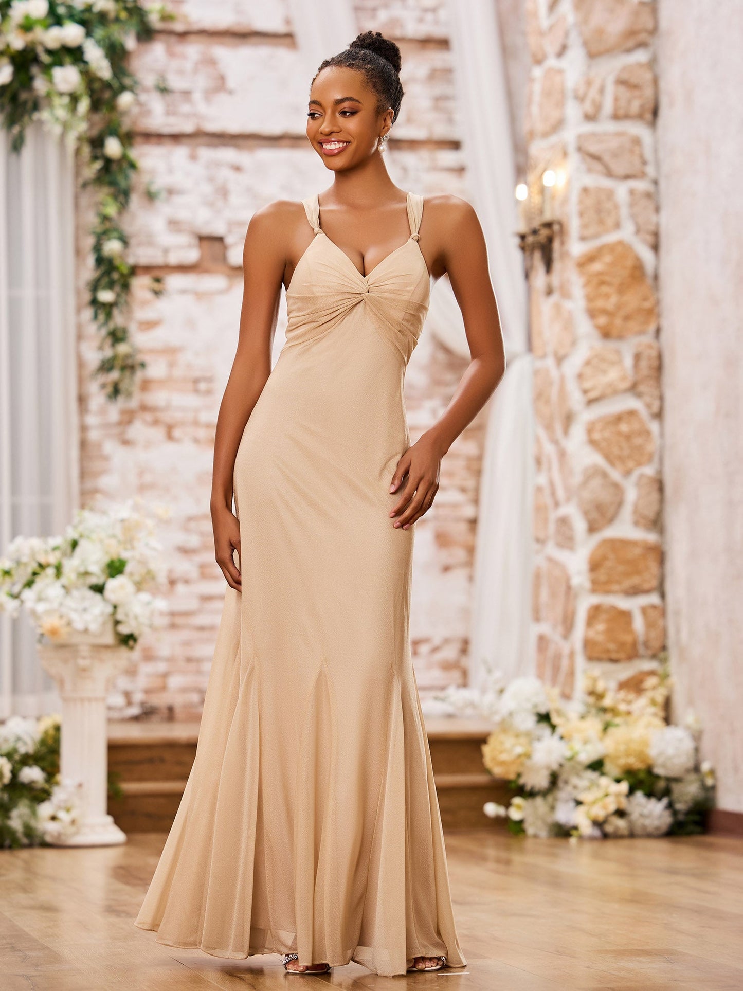 V-Neck Slim Ruched Floor-Length Bridesmaid Dresses Champagne