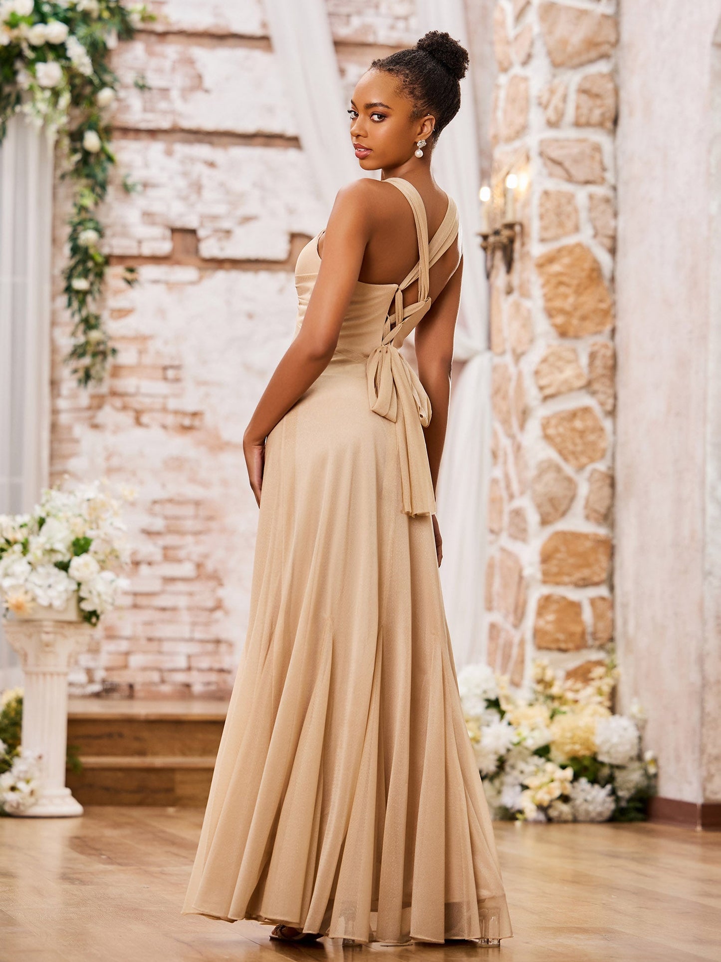 V-Neck Slim Ruched Floor-Length Bridesmaid Dresses Champagne