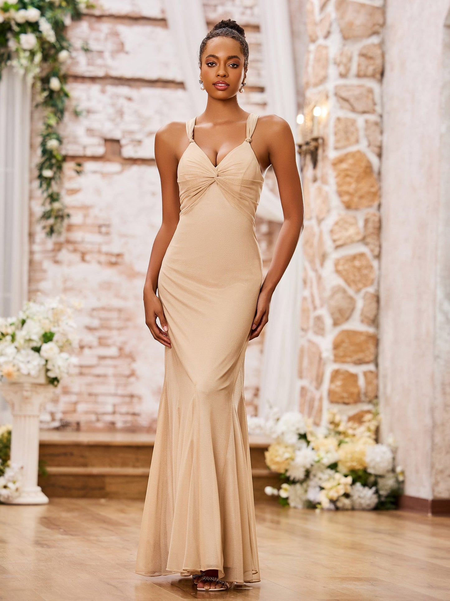 V-Neck Slim Ruched Floor-Length Bridesmaid Dresses Champagne