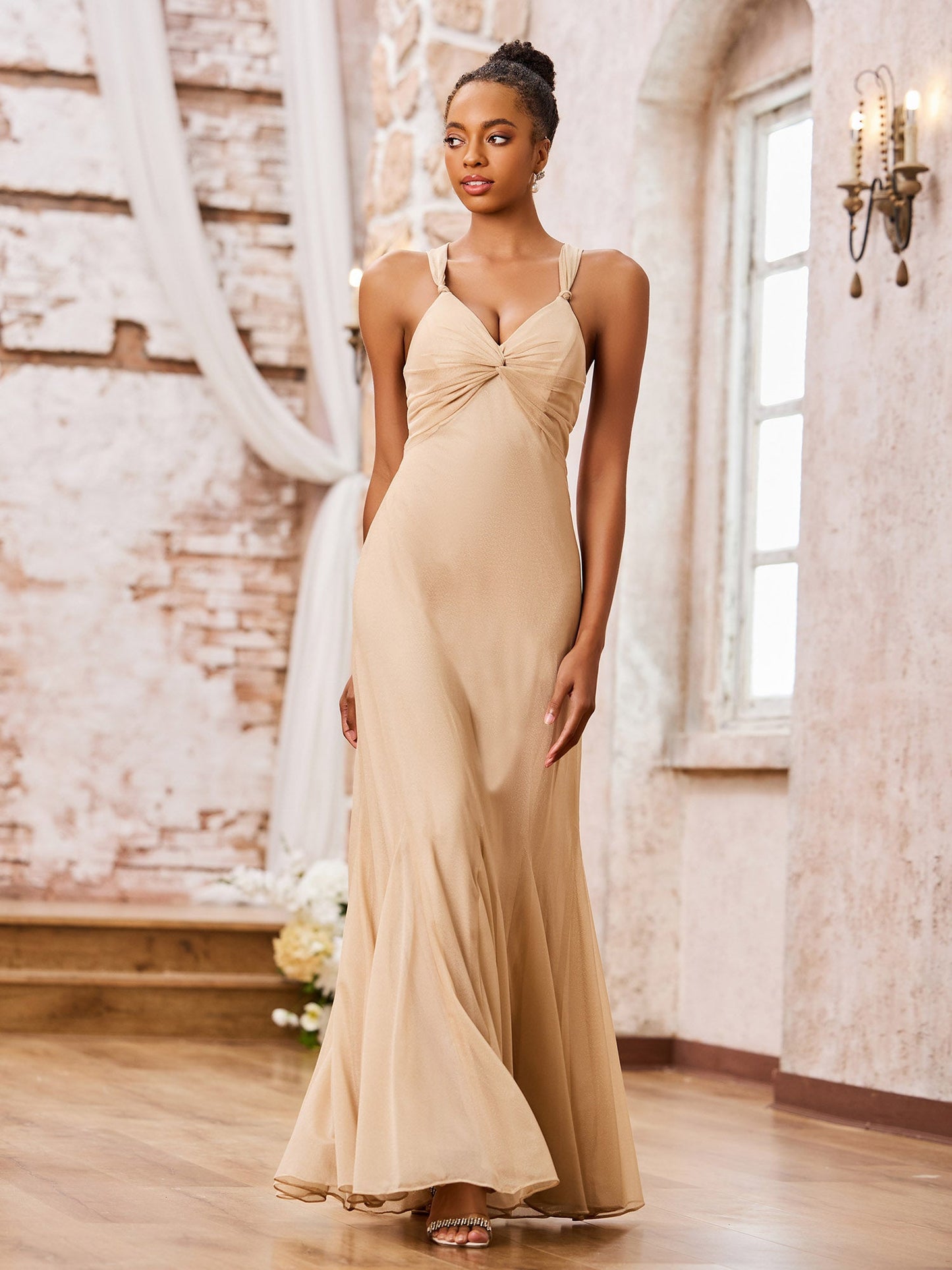 V-Neck Slim Ruched Floor-Length Bridesmaid Dresses Champagne
