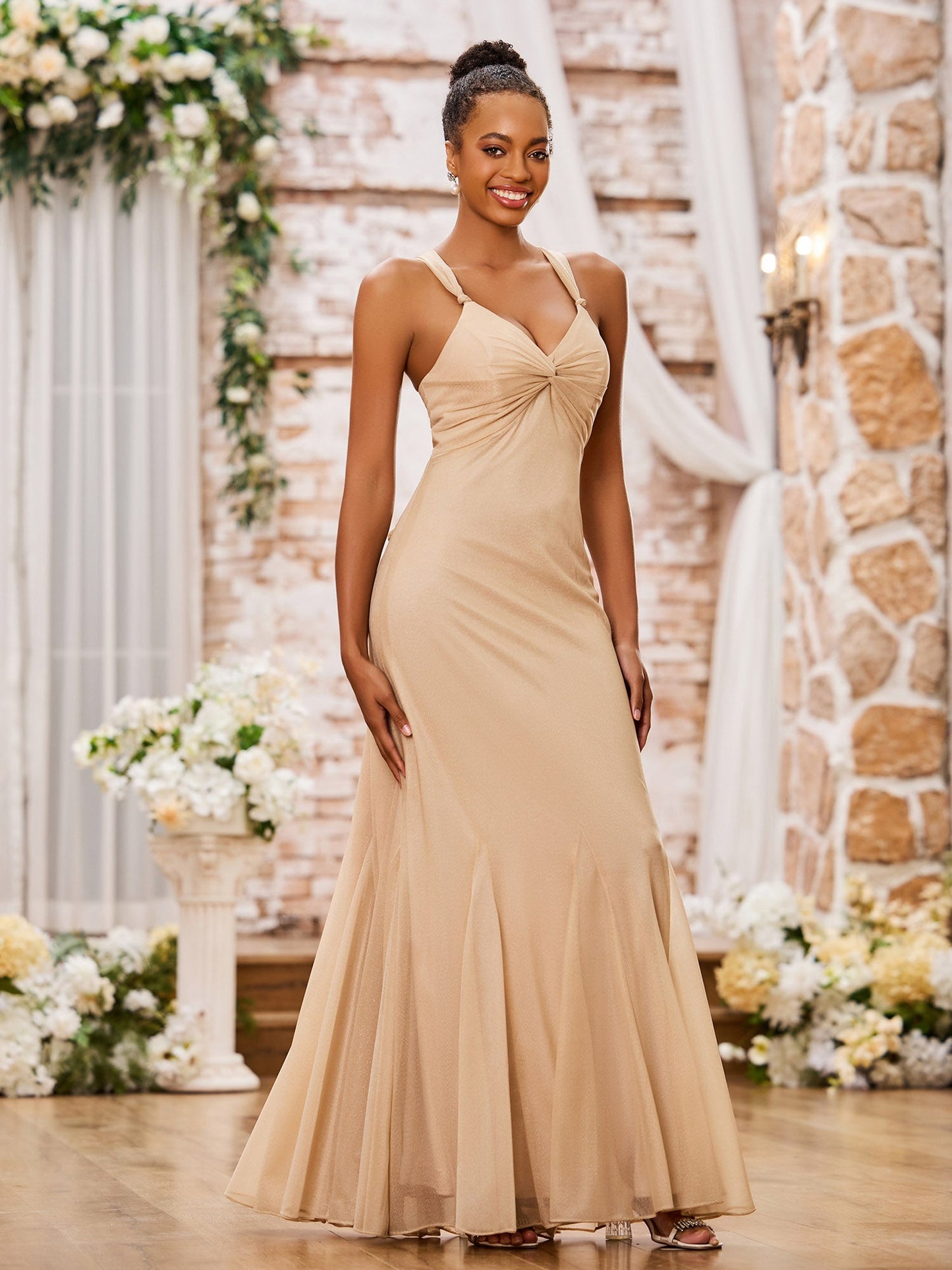 V-Neck Slim Ruched Floor-Length Bridesmaid Dresses Champagne
