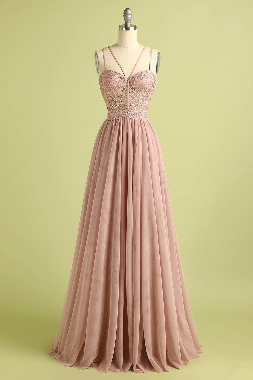 Pink Split Front Spaghetti Straps Prom Dress