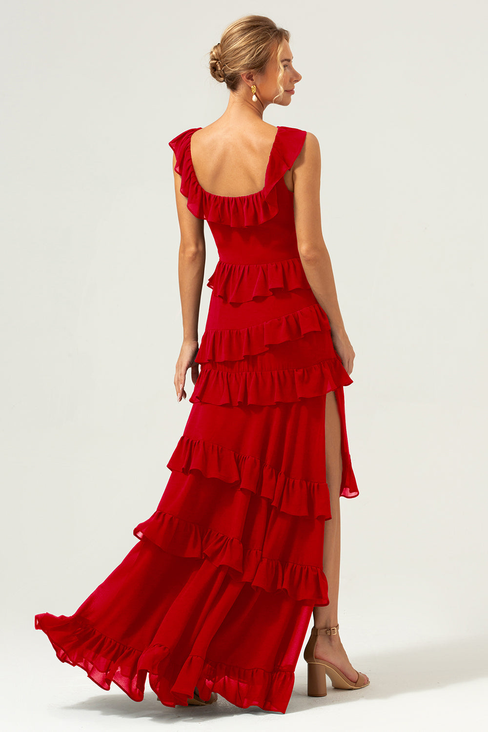 Burgundy A-Line Ruffleed Chiffon Long Bridesmaid Dress with Slit