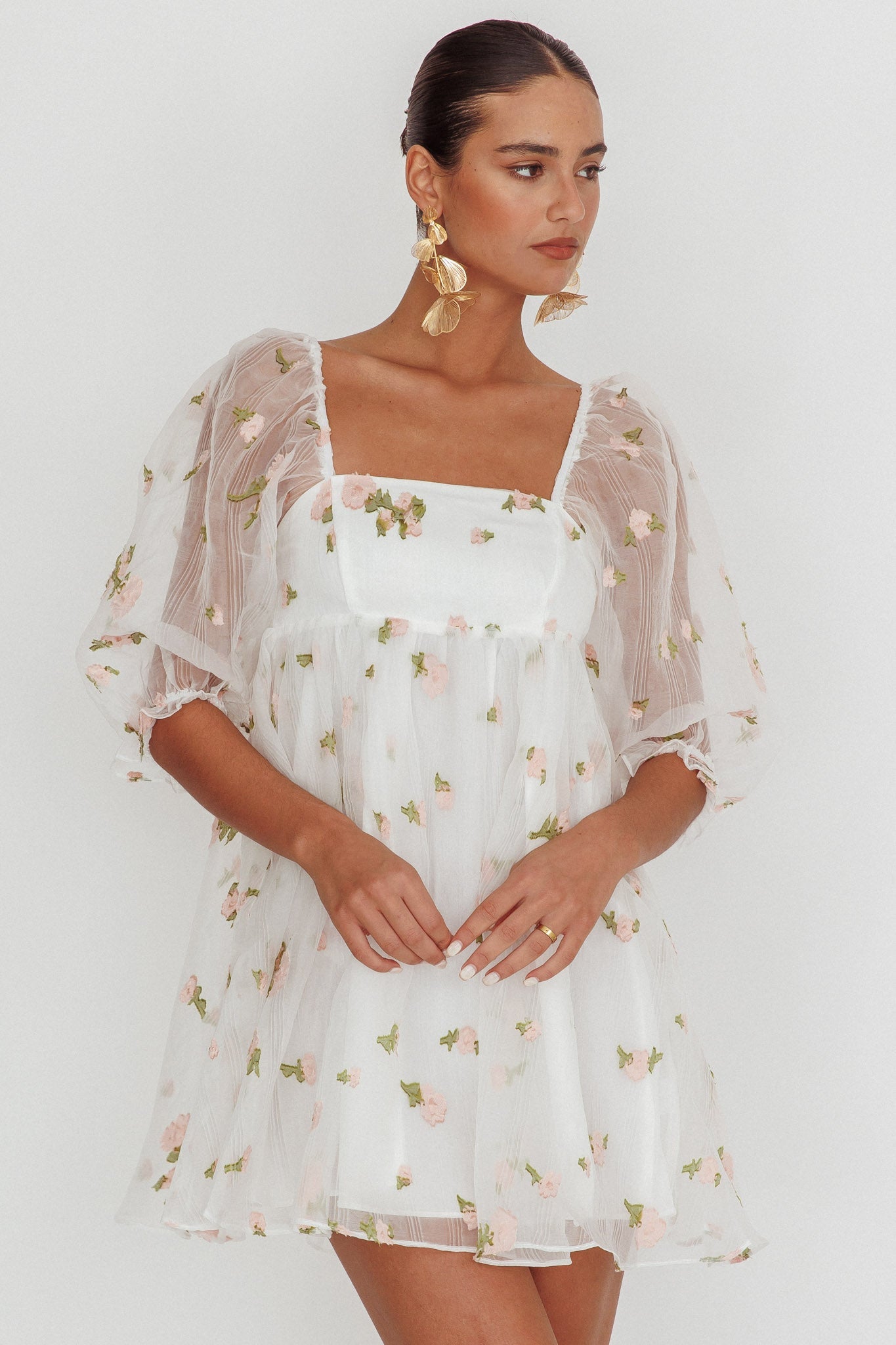 Helen Floral Organza Mini Dress White Pink