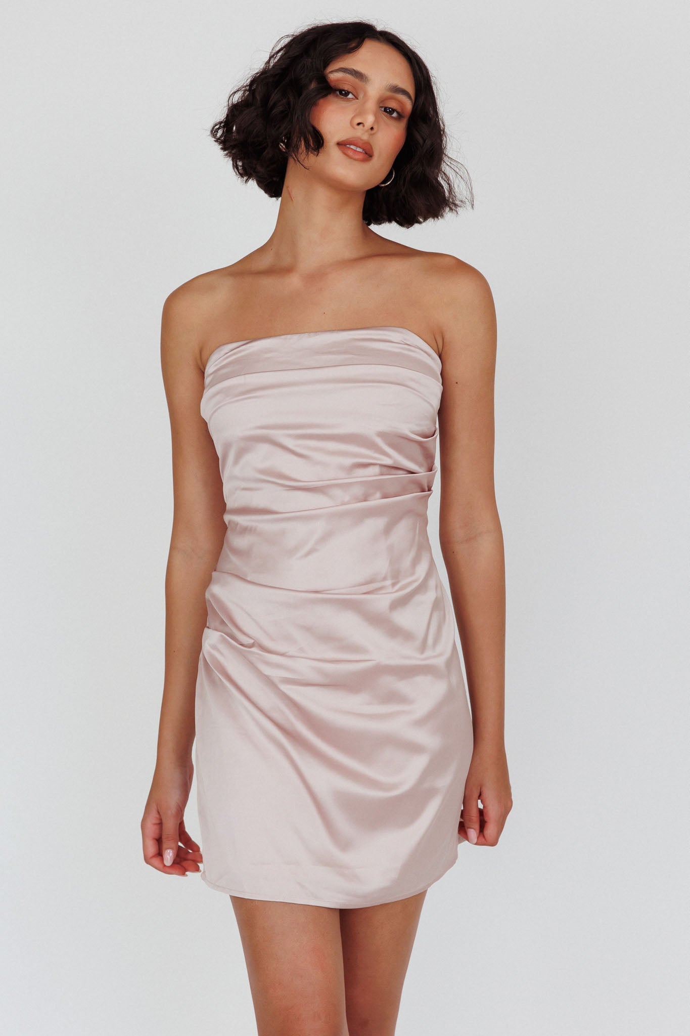 Love Waits Strapless Side Pleat Mini Dress Dirty Blush