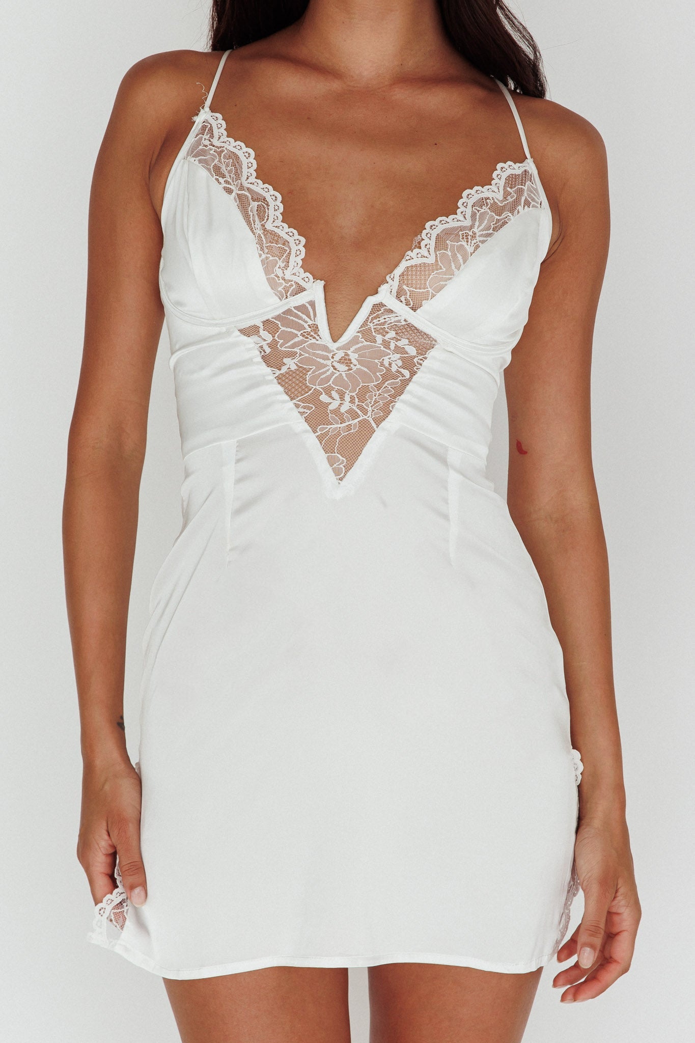 Make Me Blush Lace Trim Mini Dress White