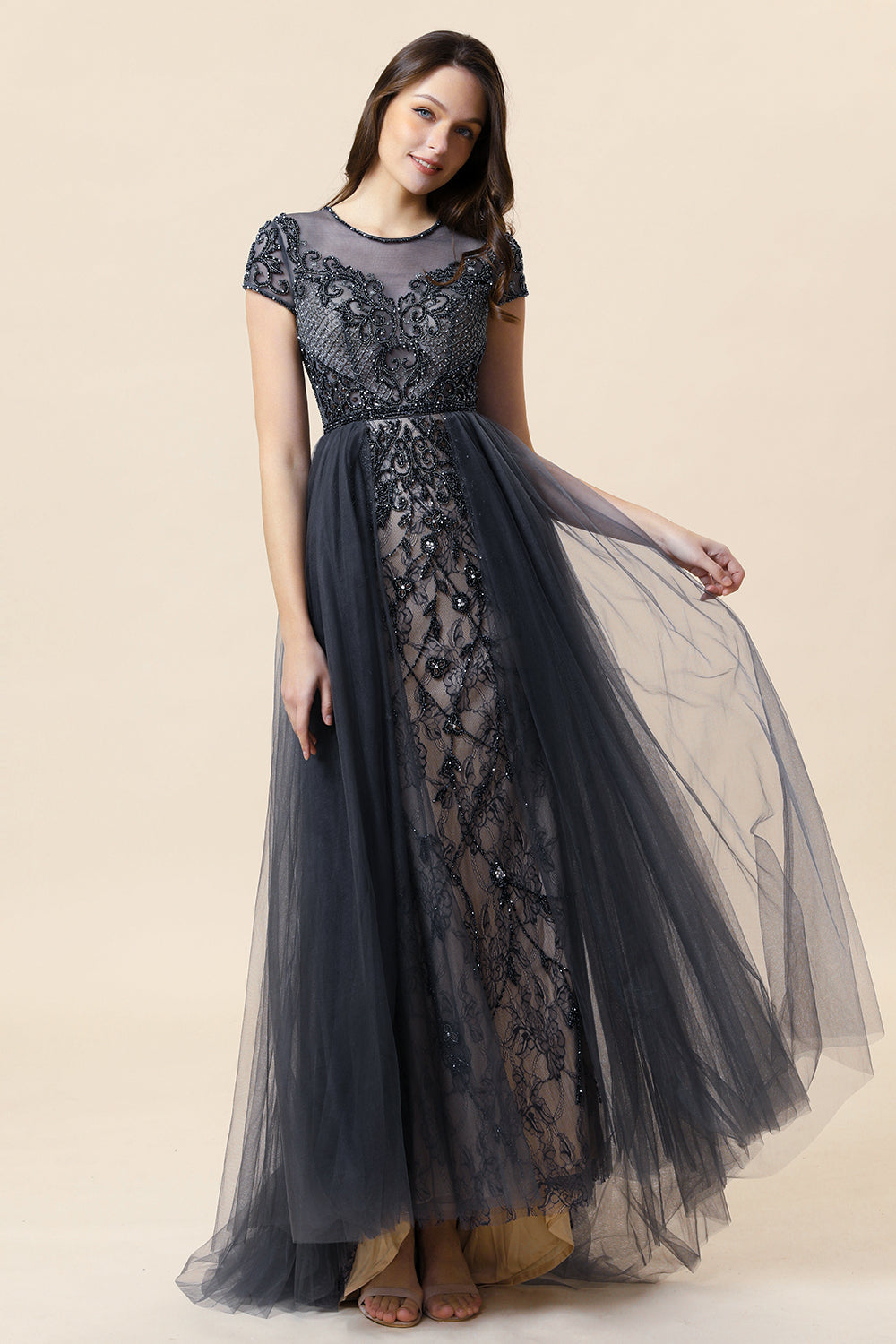 Sparkly Grey Beaded Long Formal Dress