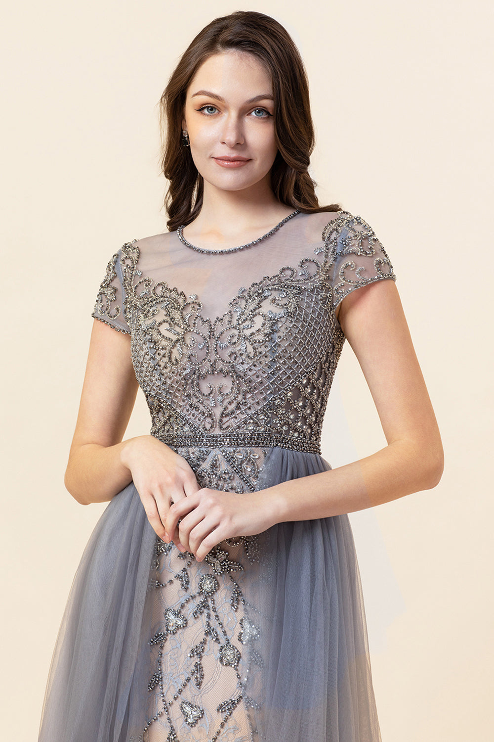 Sparkly Grey Beaded Long Formal Dress