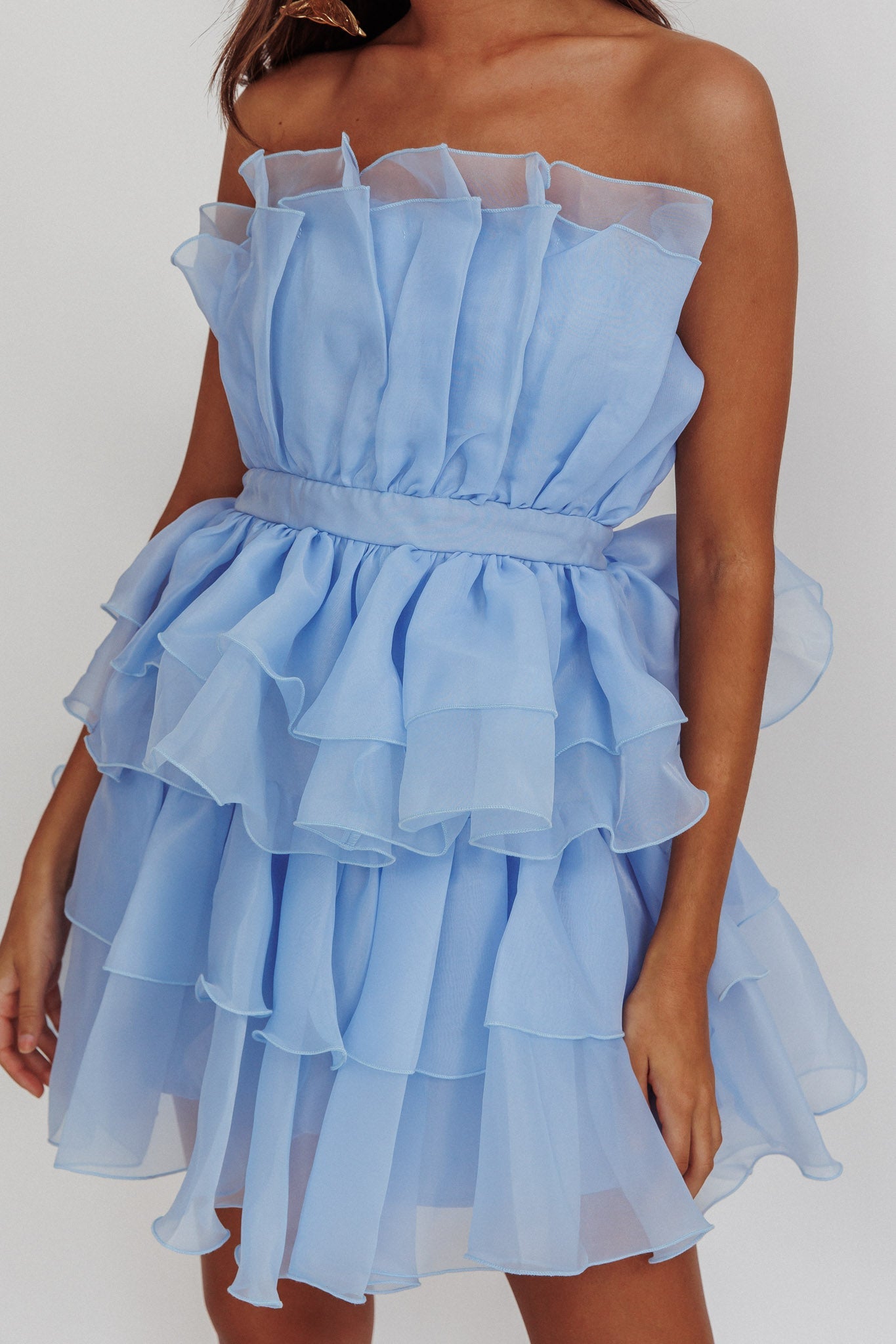 Bon Bon Tiered Chiffon Mini Dress Baby Blue