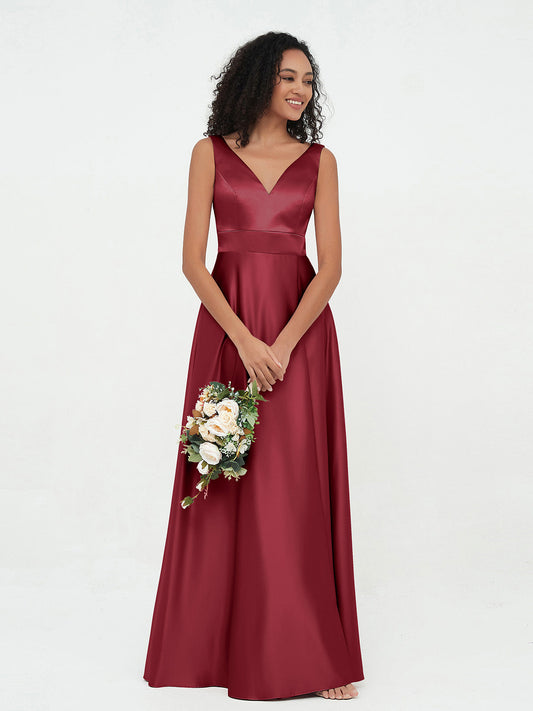 Princess V-neck Satin Max Dresses with Pockets-Burgundy