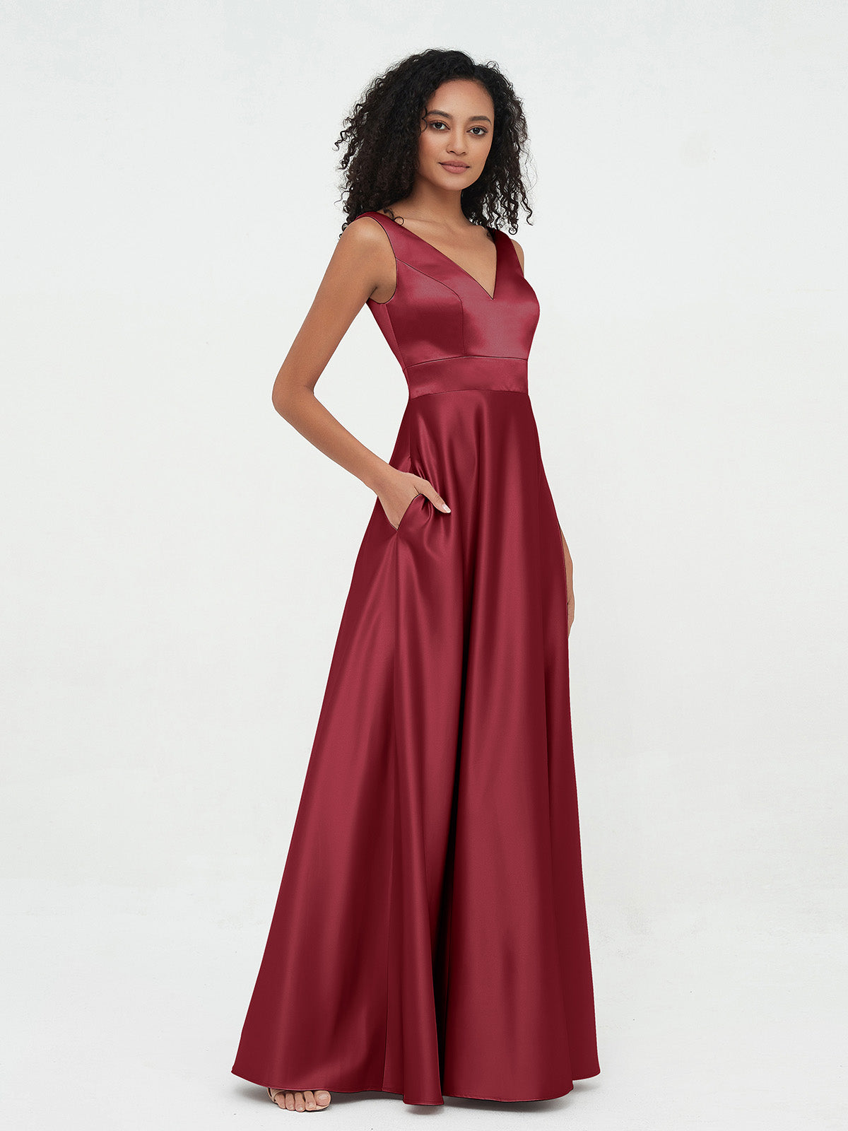 Princess V-neck Satin Max Dresses with Pockets-Burgundy