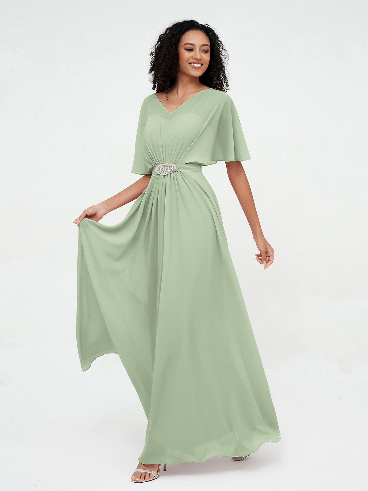 Illusion Sweetheart Neck Chiffon Max Dresses-Dusty Sage