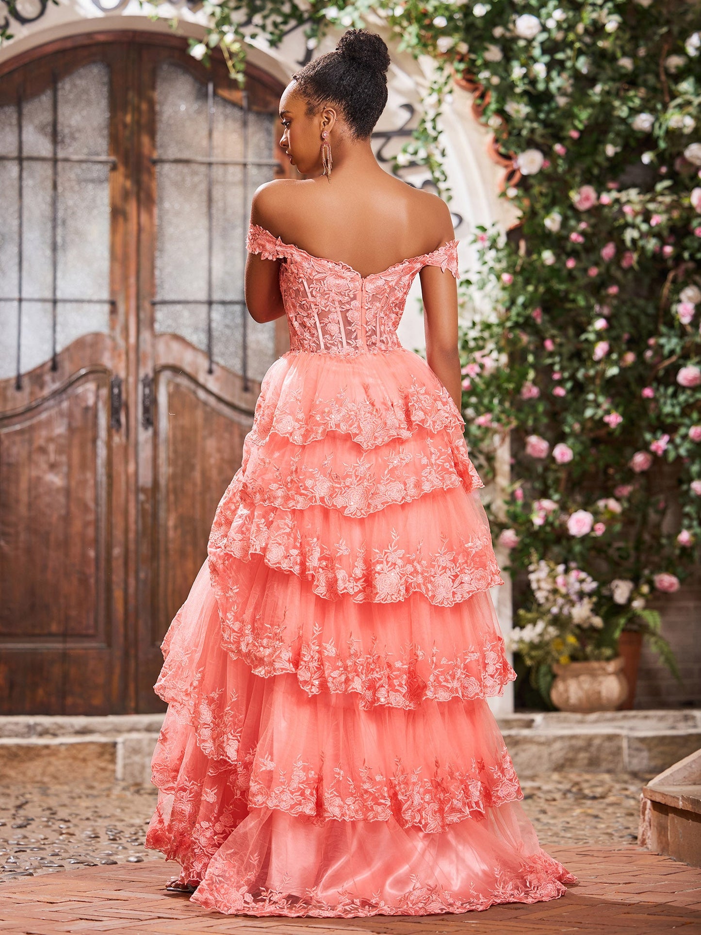 Off The Shoulder Tiered Prom Dress with Slit Coral