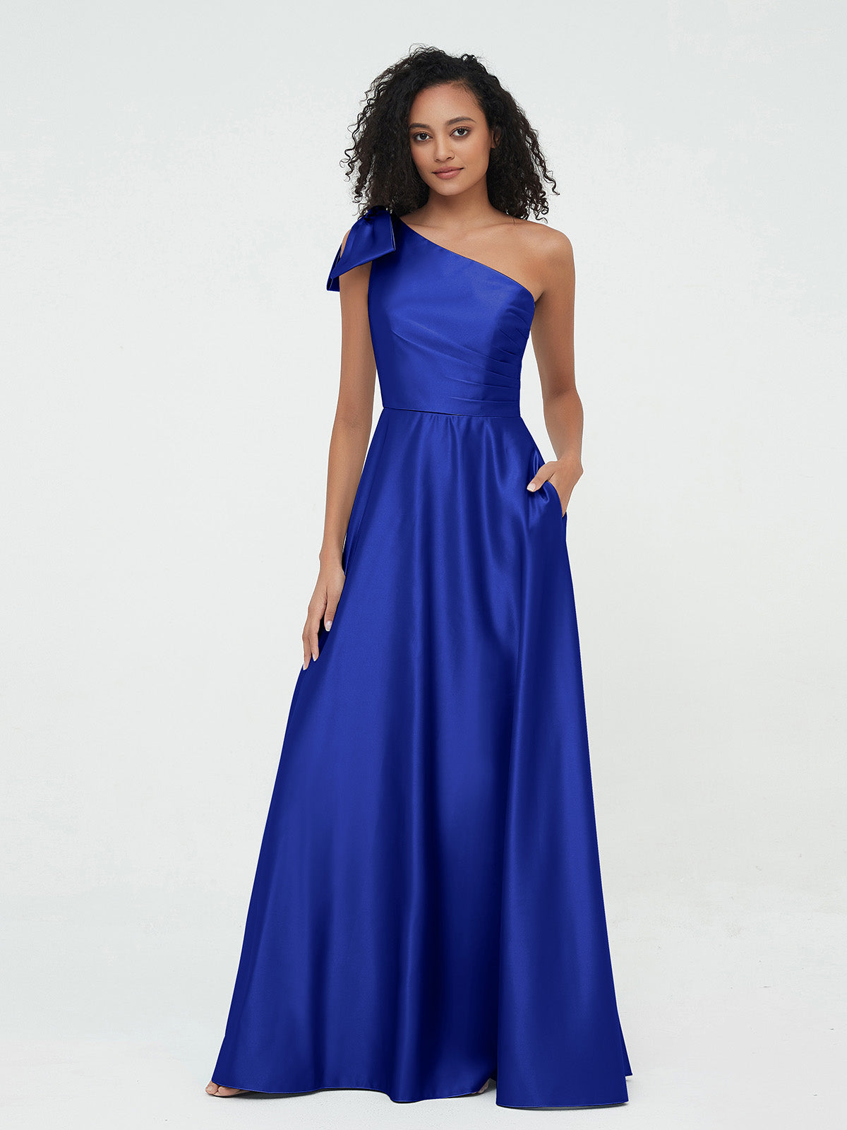 One-Shoulder Long Satin Dresses with Pockets-Royal Blue