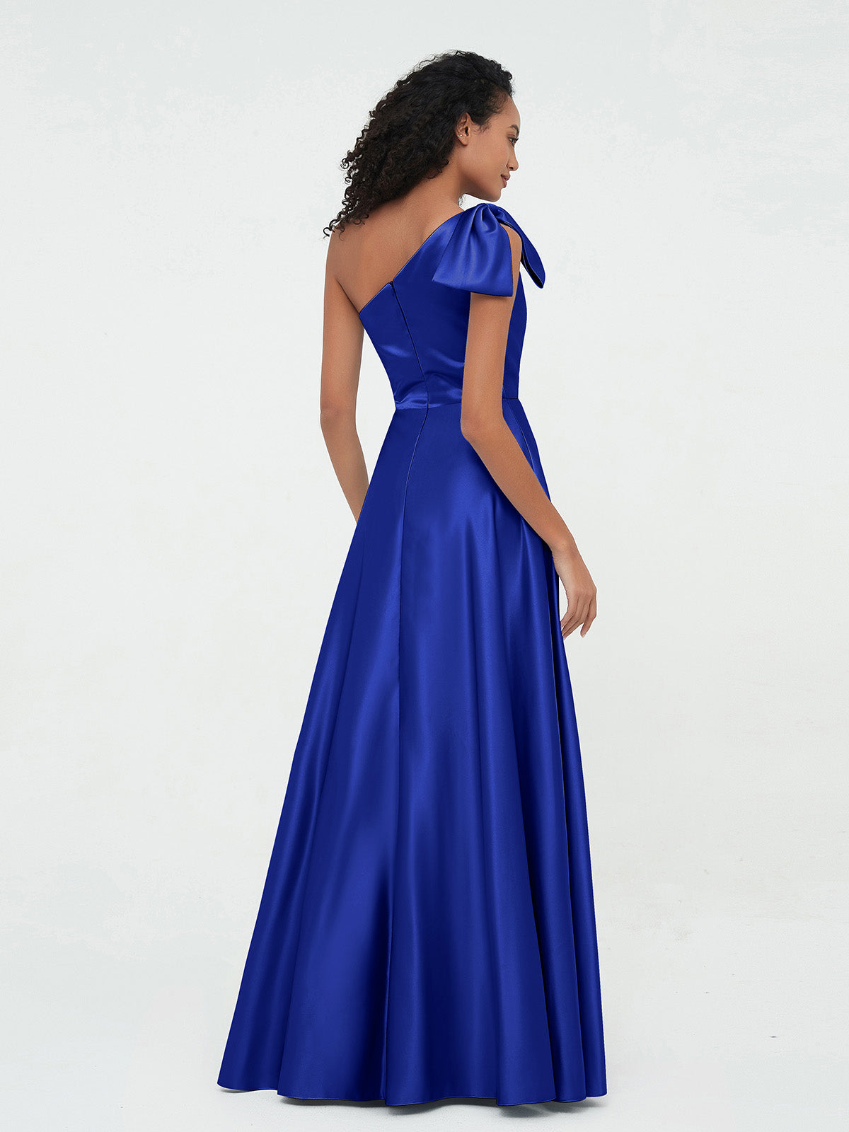 One-Shoulder Long Satin Dresses with Pockets-Royal Blue