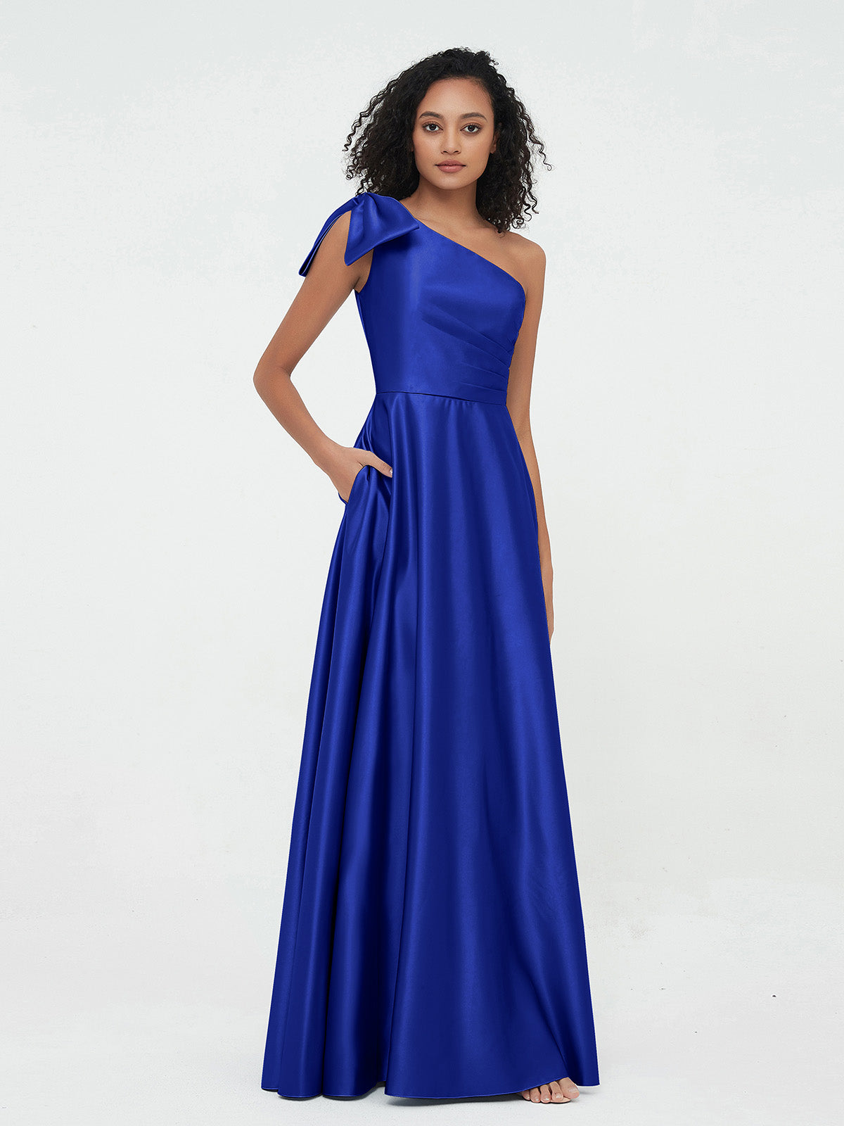 One-Shoulder Long Satin Dresses with Pockets-Royal Blue