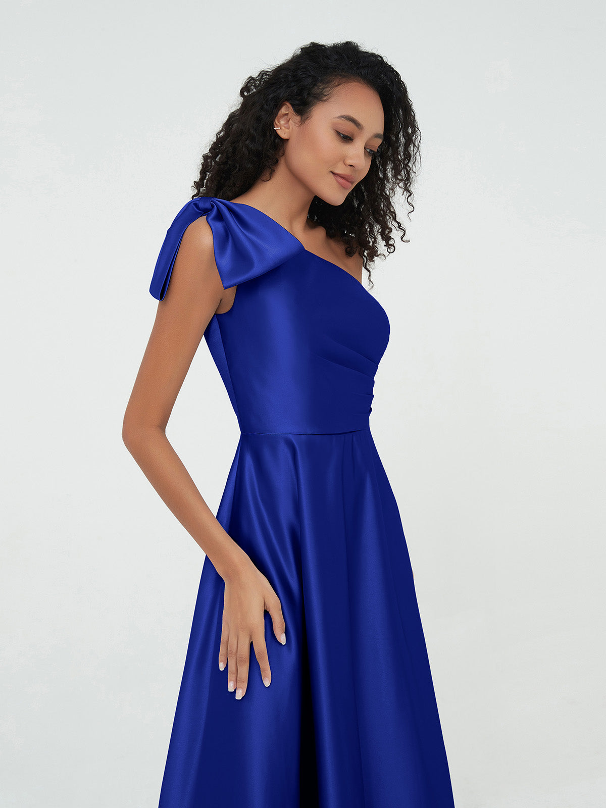 One-Shoulder Long Satin Dresses with Pockets-Royal Blue