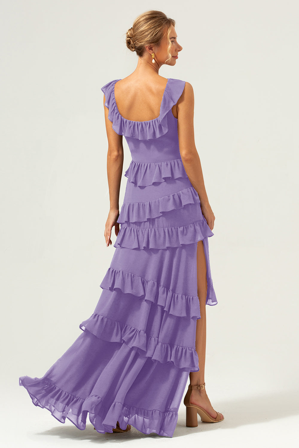 Burgundy A-Line Ruffleed Chiffon Long Bridesmaid Dress with Slit