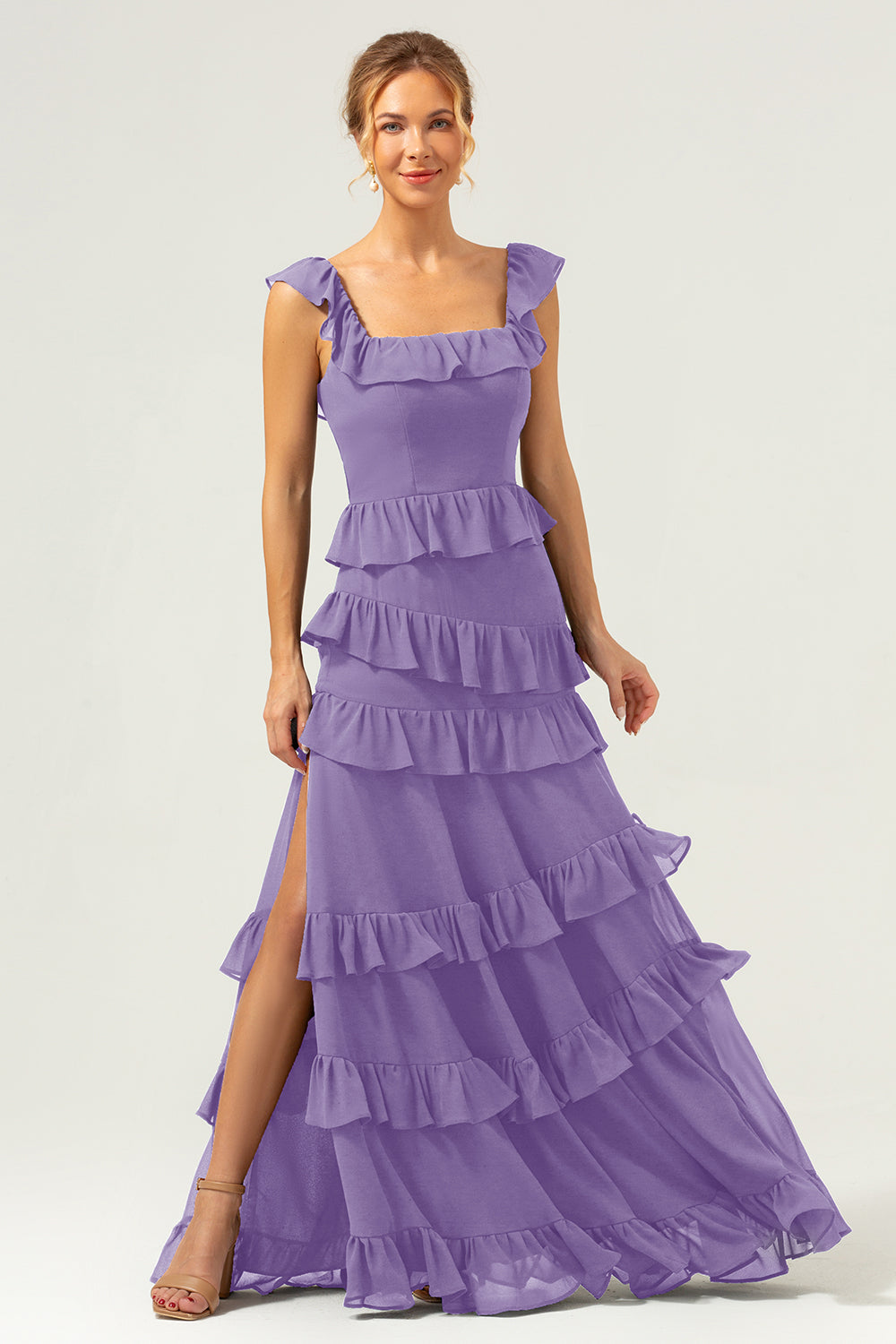 Burgundy A-Line Ruffleed Chiffon Long Bridesmaid Dress with Slit