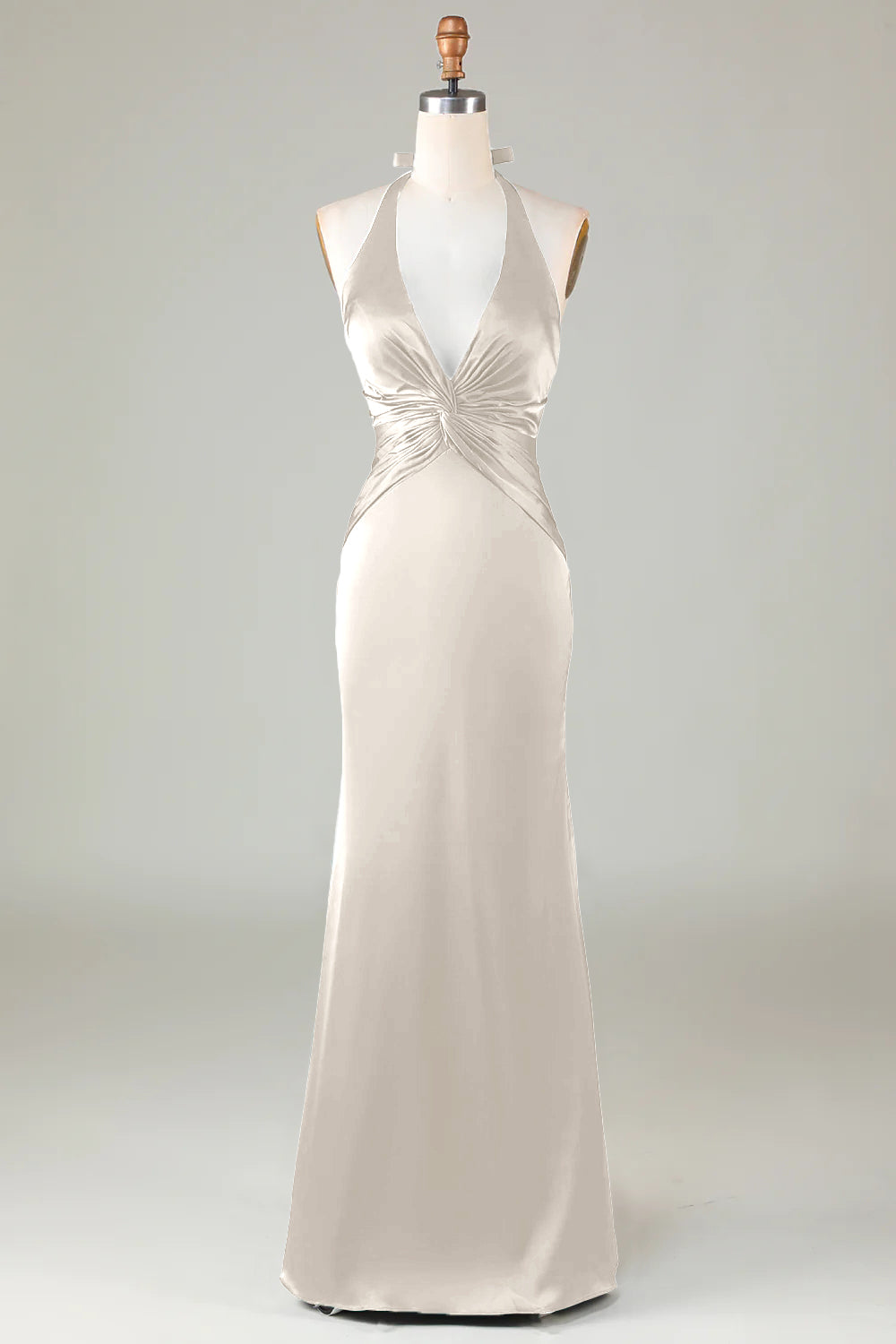Dusty Sage Satin Sheath Halter Long Bridesmaid Dress