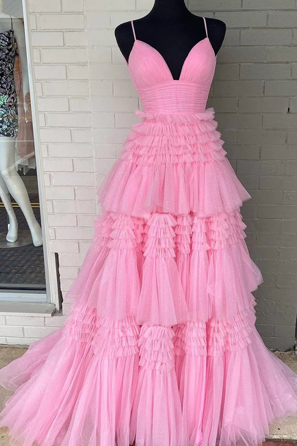 Tulle Deep V Neck Spaghetti Straps Long Prom Dress