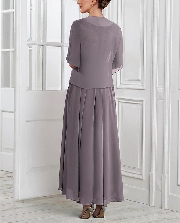 A-Line/Princess Chiffon V Neck Short Sleeves Mother of the Bride Dresses with Lace Jacket Pleats Appliques