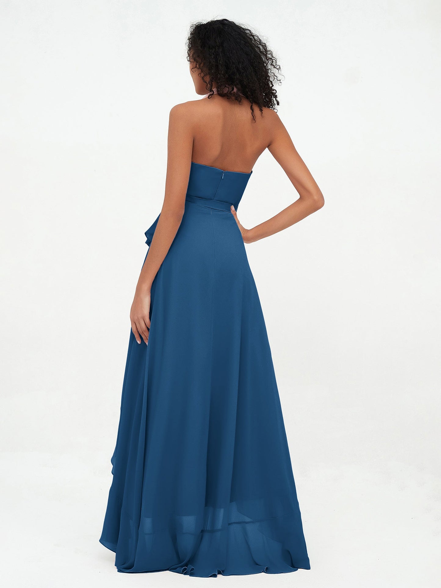 Halter Deep-V Neck Chiffon Asymmetrical Dresses-Ink Blue