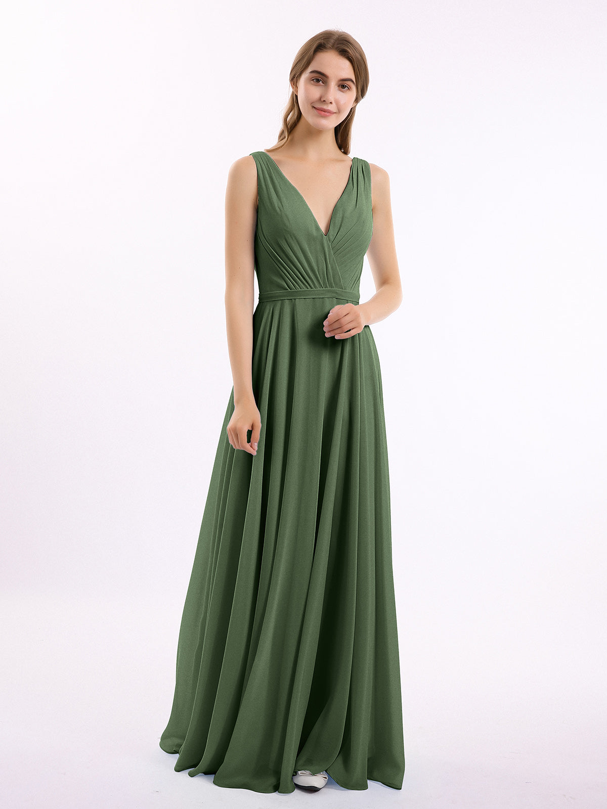 V Neckline Chiffon Bridesmaid Dresses Olive Green