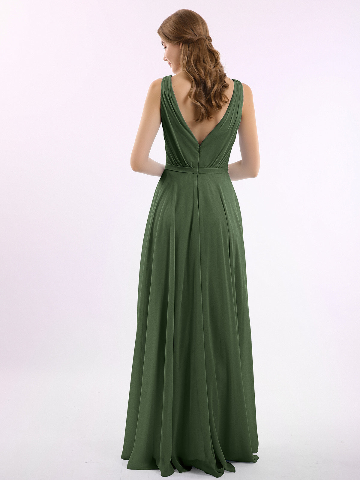 V Neckline Chiffon Bridesmaid Dresses Olive Green