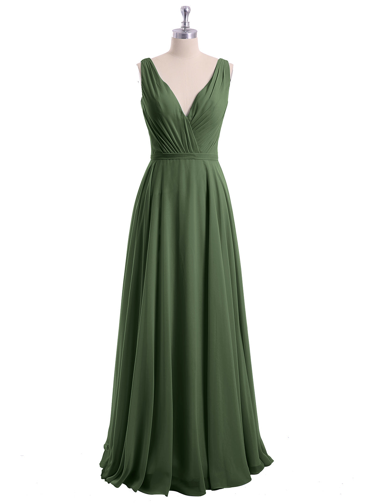 V Neckline Chiffon Bridesmaid Dresses Olive Green