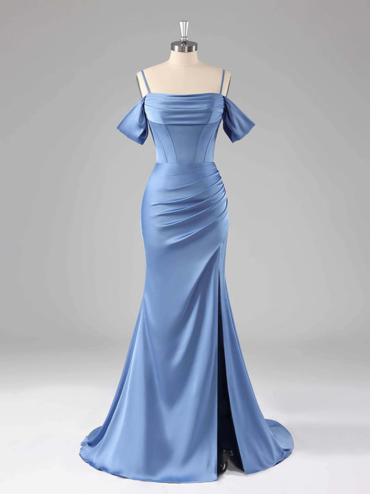 Vida Chic Off-The-Shoulder Sweep Train Satin Dresses