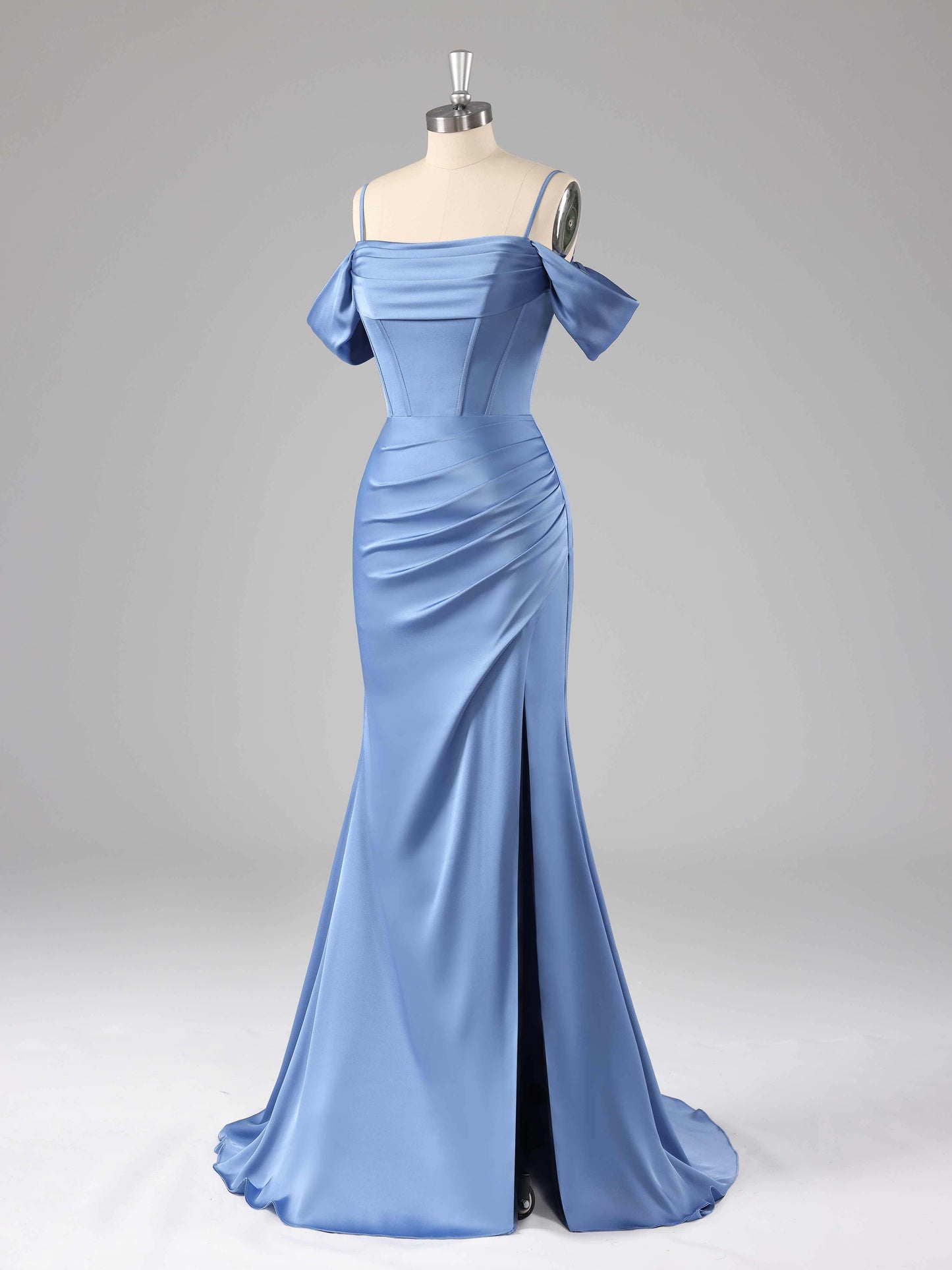 Vida Chic Off-The-Shoulder Sweep Train Satin Dresses