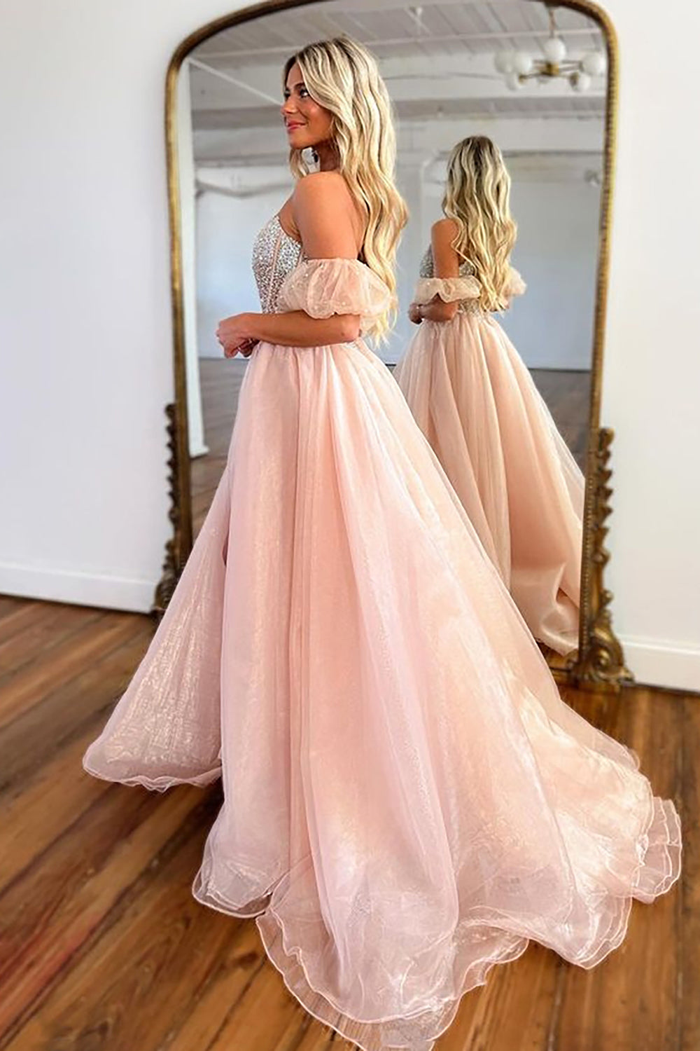 Brianna |A Line Strapless Blush Corset Organza Prom Dress
