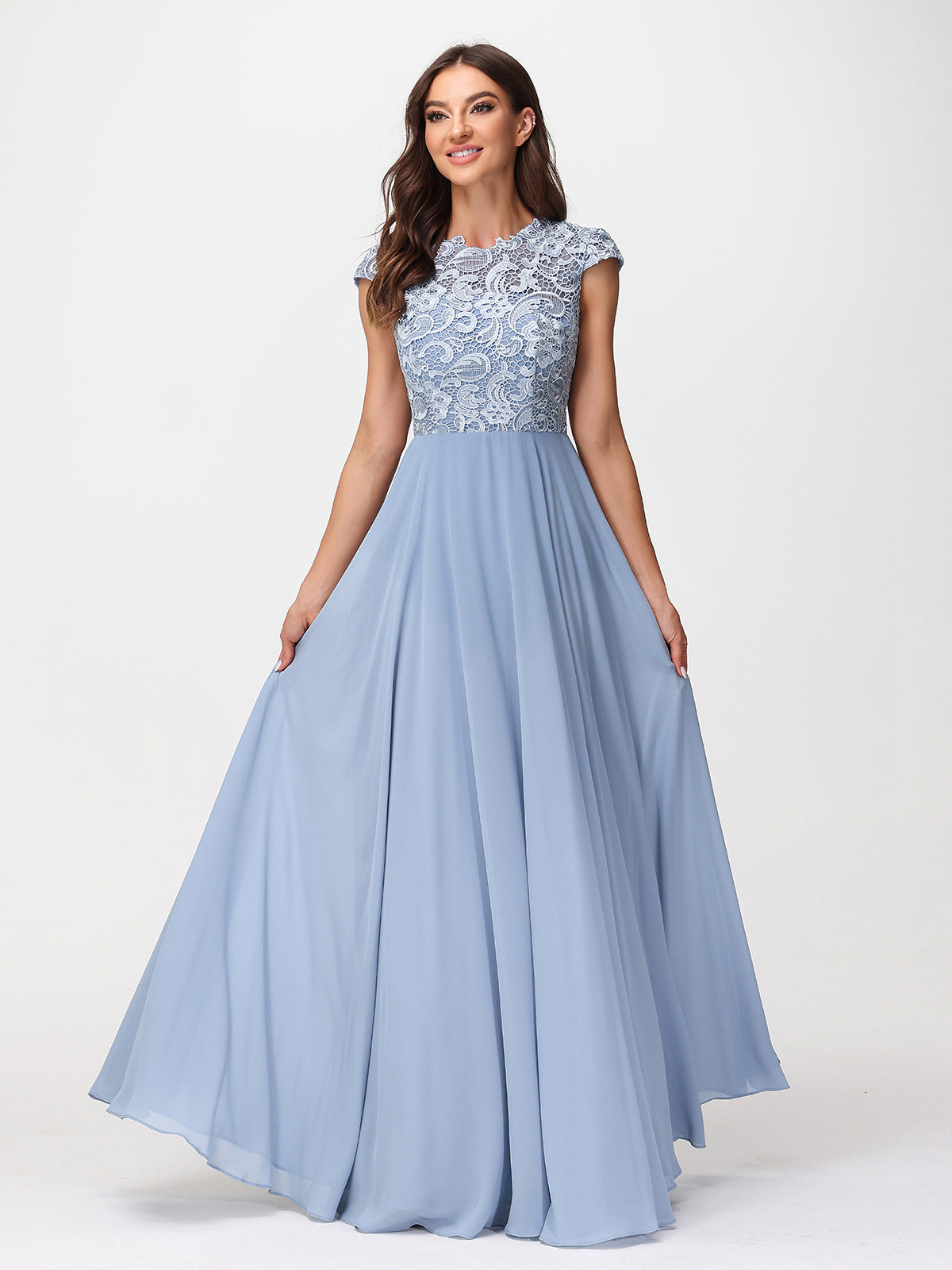 Illusion Wrap Neck Lace and Chiffon Maxi Dress-Dusty Blue