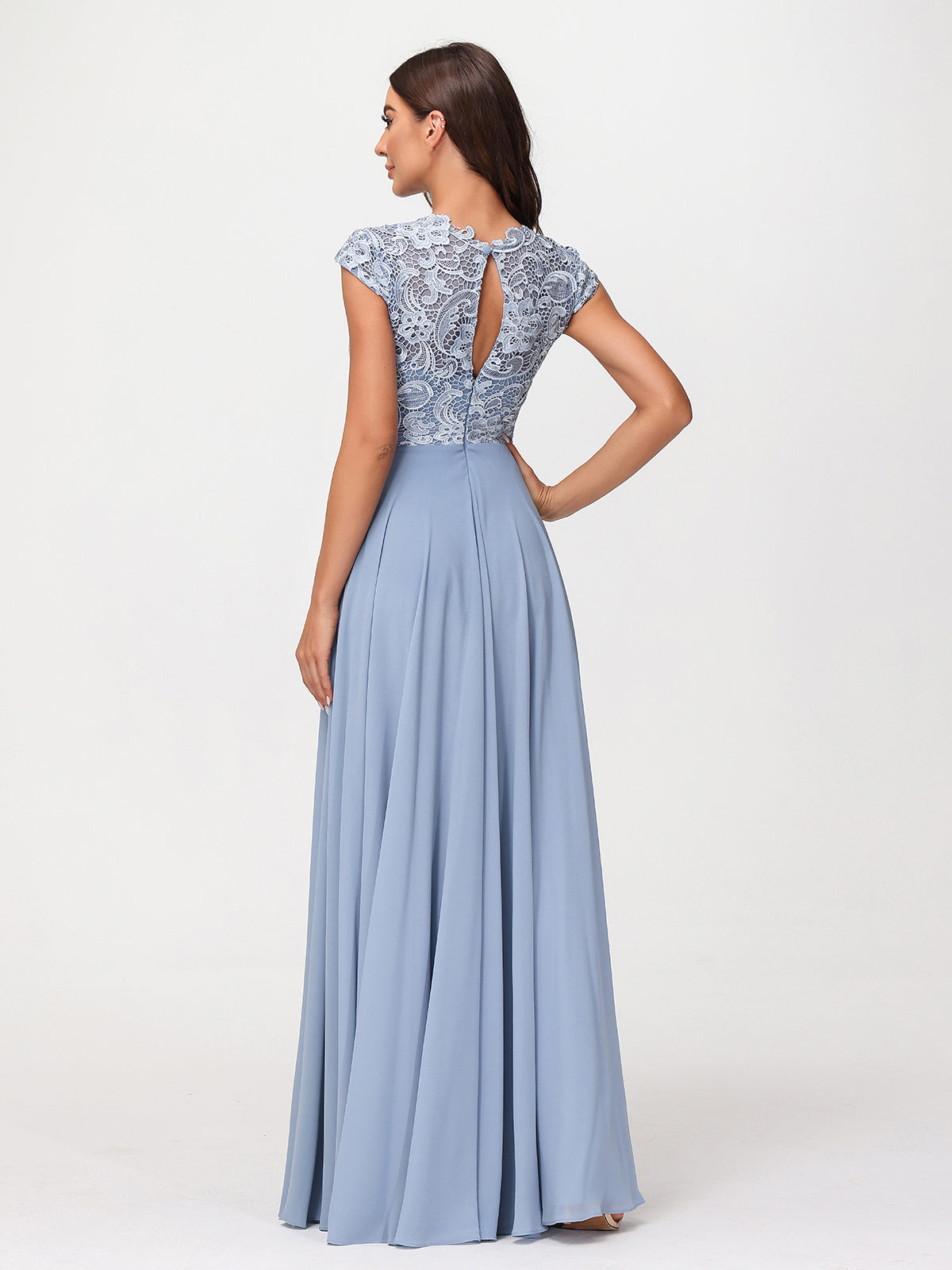 Illusion Wrap Neck Lace and Chiffon Maxi Dress-Dusty Blue