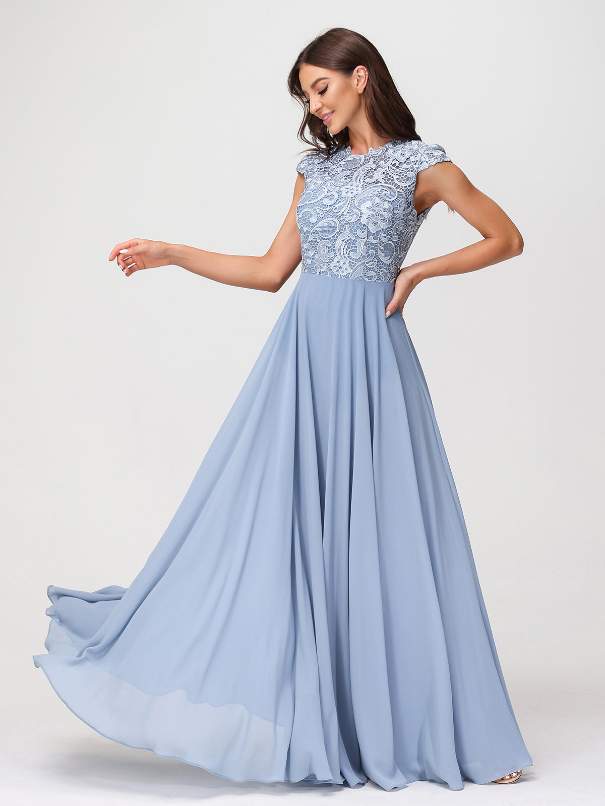 Illusion Wrap Neck Lace and Chiffon Maxi Dress-Dusty Blue