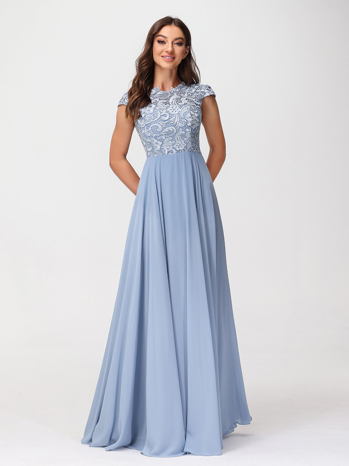 Illusion Wrap Neck Lace and Chiffon Maxi Dress-Dusty Blue