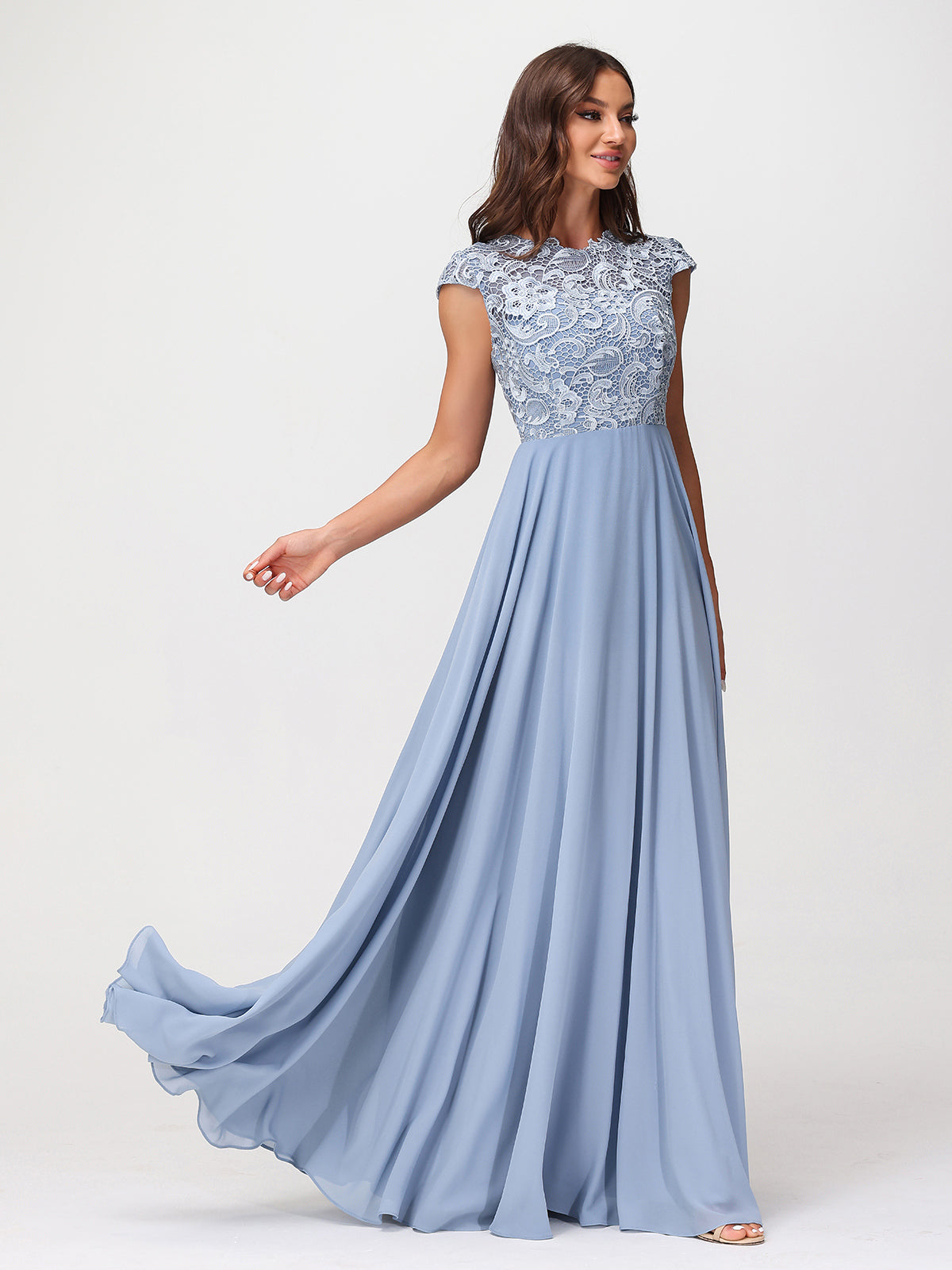Illusion Wrap Neck Lace and Chiffon Maxi Dress-Dusty Blue