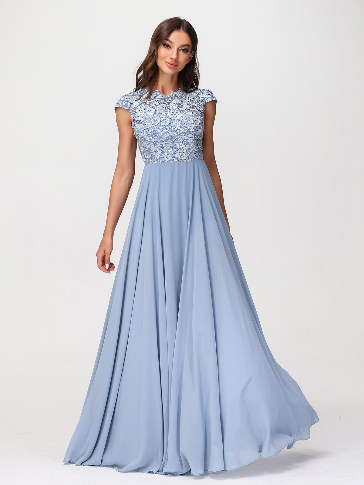 Illusion Wrap Neck Lace and Chiffon Maxi Dress-Dusty Blue