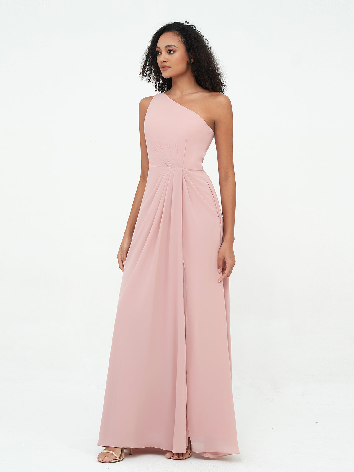 One-Shoulder Chiffon Max Dresses with Slit-Dusty Rose